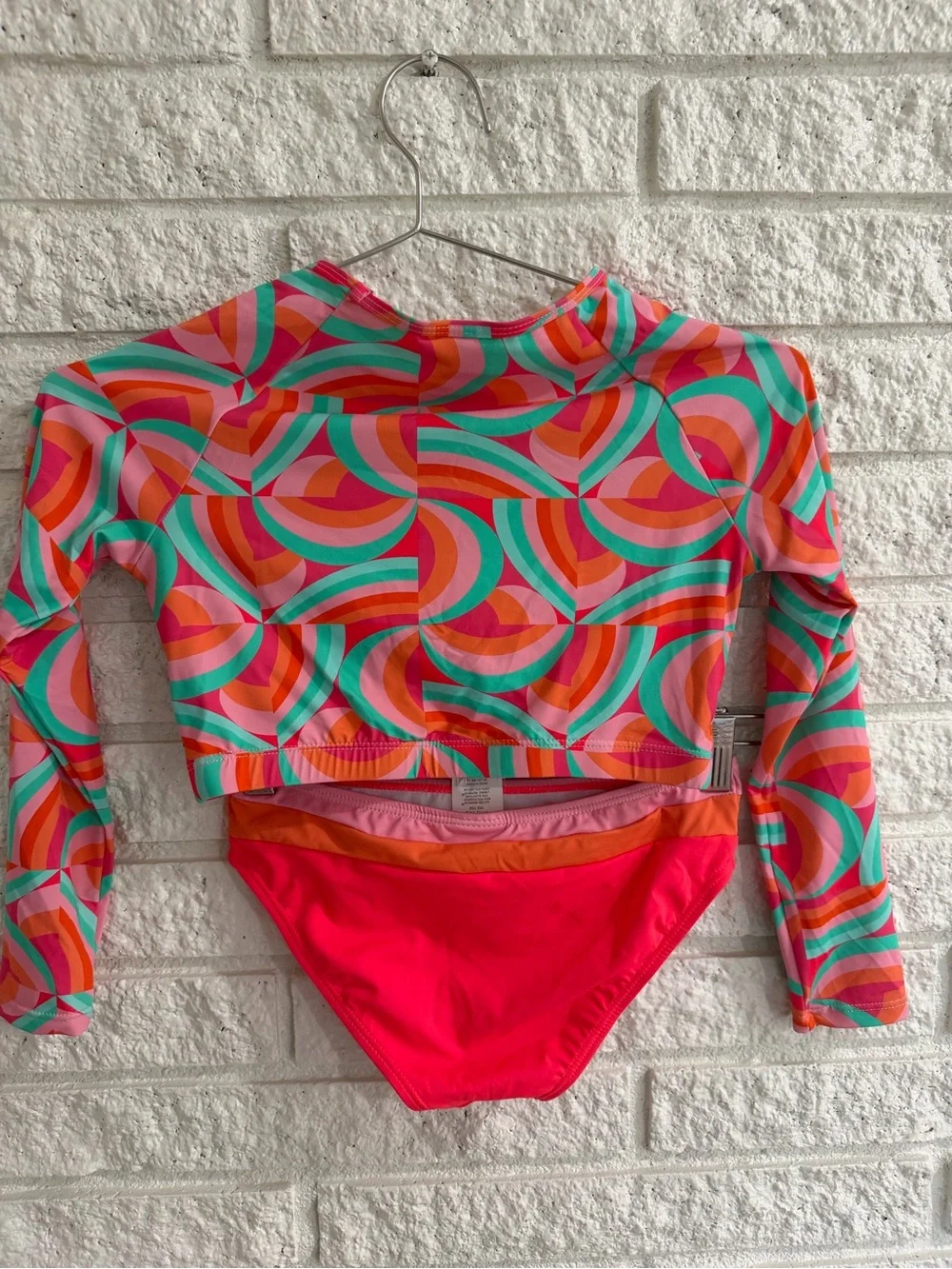 Snapper Rock Girls' Geo Melon Long Sleeve Swim Set in Coral, Turquoise & Pink